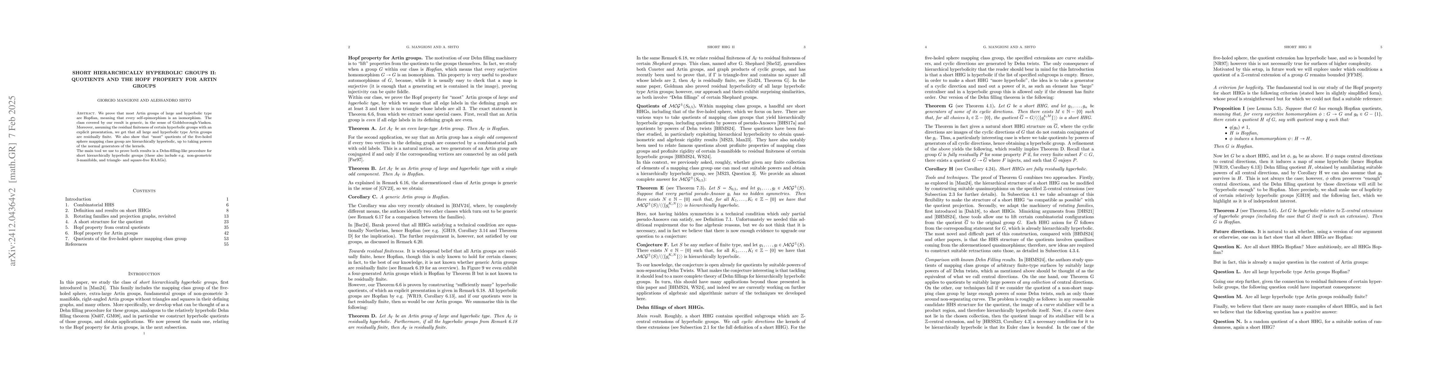 Thumbnail for Short hierarchically hyperbolic groups II: quotients and the Hopf
  property for Artin groups