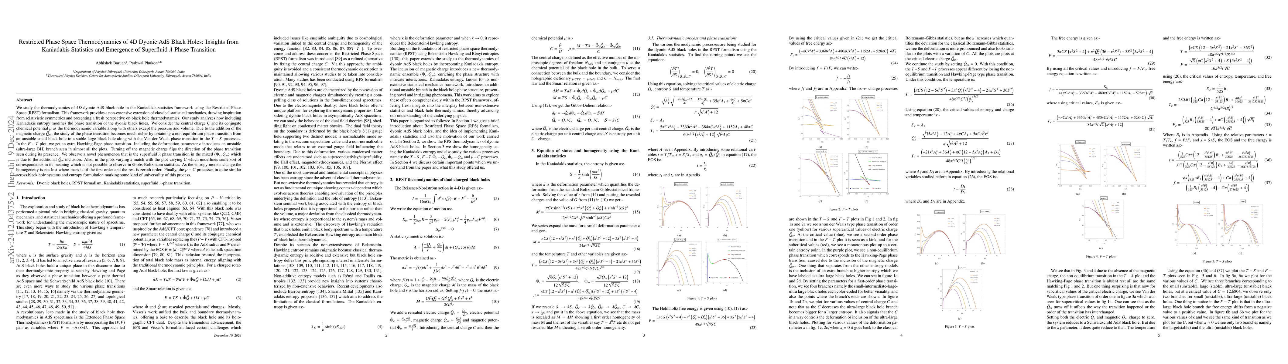 Thumbnail for Restricted Phase Space Thermodynamics of 4D Dyonic AdS Black Holes:
  Insights from Kaniadakis Statistics and Emergence of Superfluid
  $λ$-Phase Transition