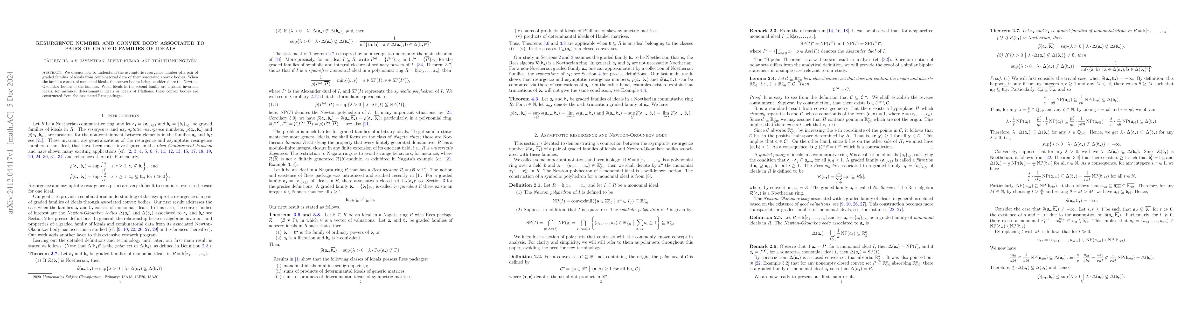 Thumbnail for Resurgence number and convex body associated to pairs of graded families
  of ideals