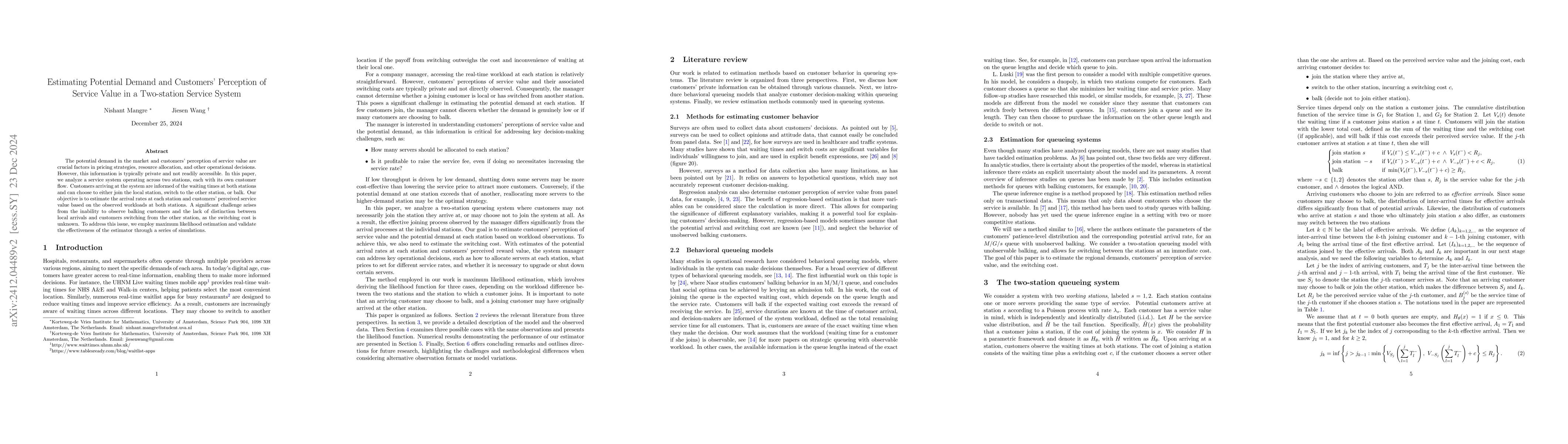 Thumbnail for Estimating Customers' Perception of Service Value and Potential Demand
  in a Two-station Service System