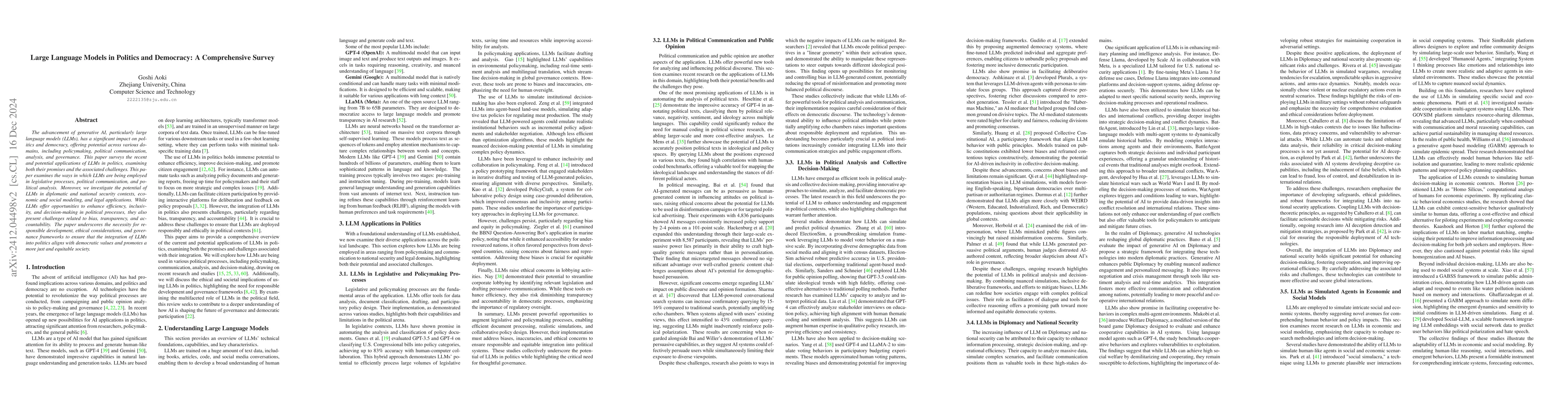 Thumbnail for Large Language Models in Politics and Democracy: A Comprehensive Survey