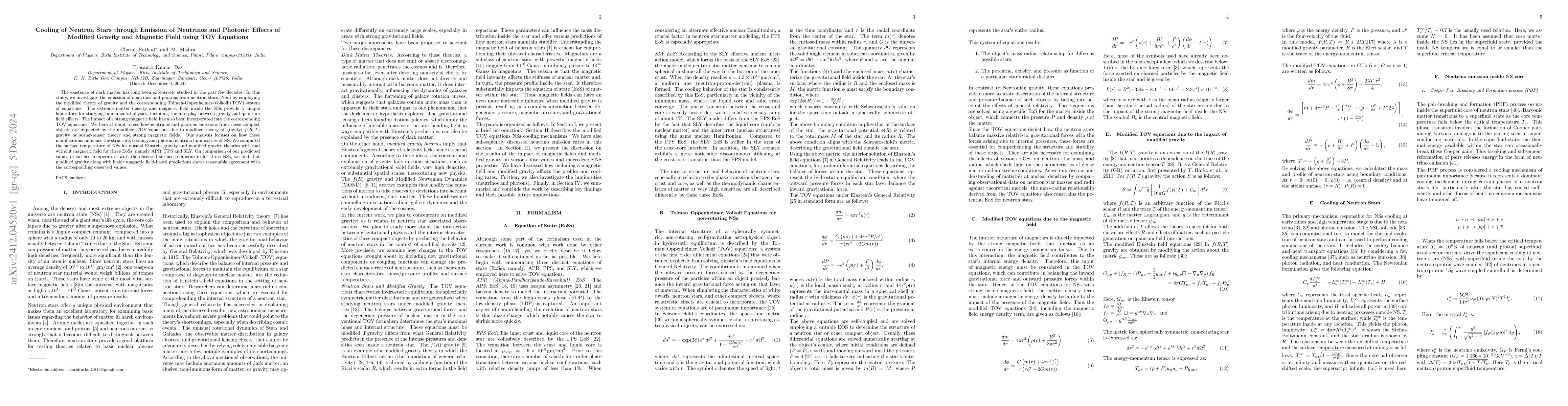 Thumbnail for Cooling of Neutron Stars through Emission of Neutrinos and Photons:
  Effects of Modified Gravity and Magnetic Field using TOV Equations