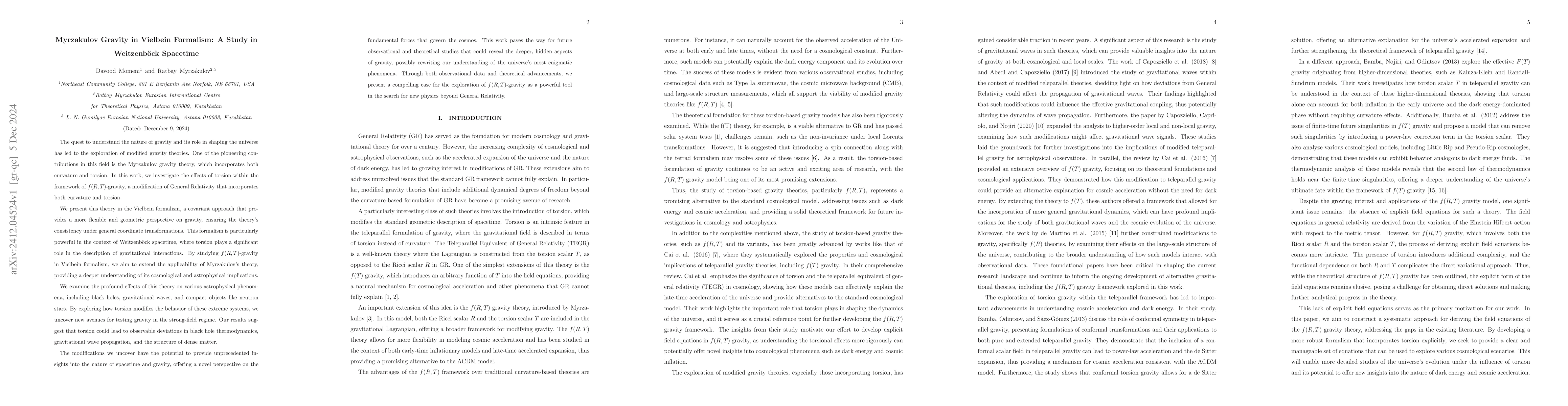 Thumbnail for Myrzakulov Gravity in Vielbein Formalism: A Study in Weitzenböck
  Spacetime