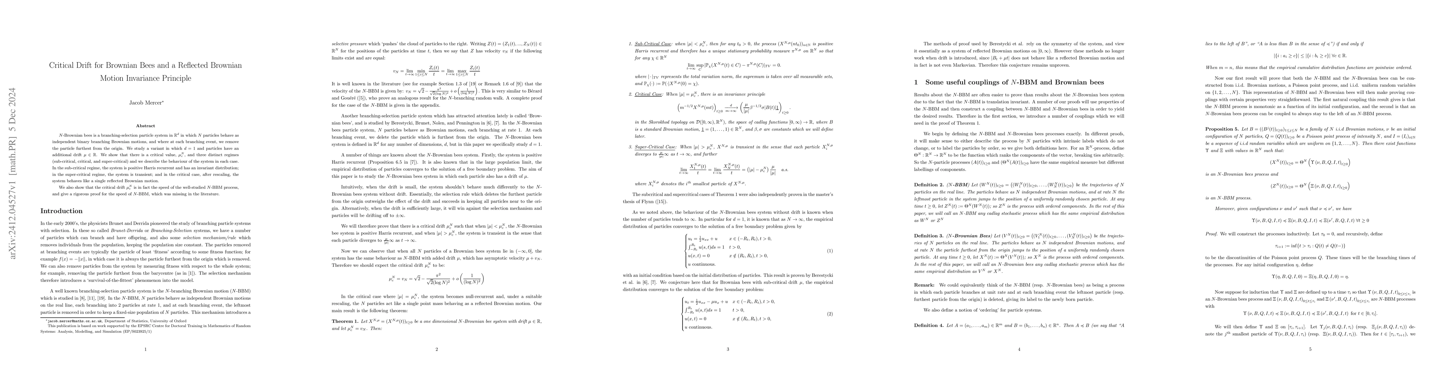 Thumbnail for Critical Drift for Brownian Bees and a Reflected Brownian Motion
  Invariance Principle