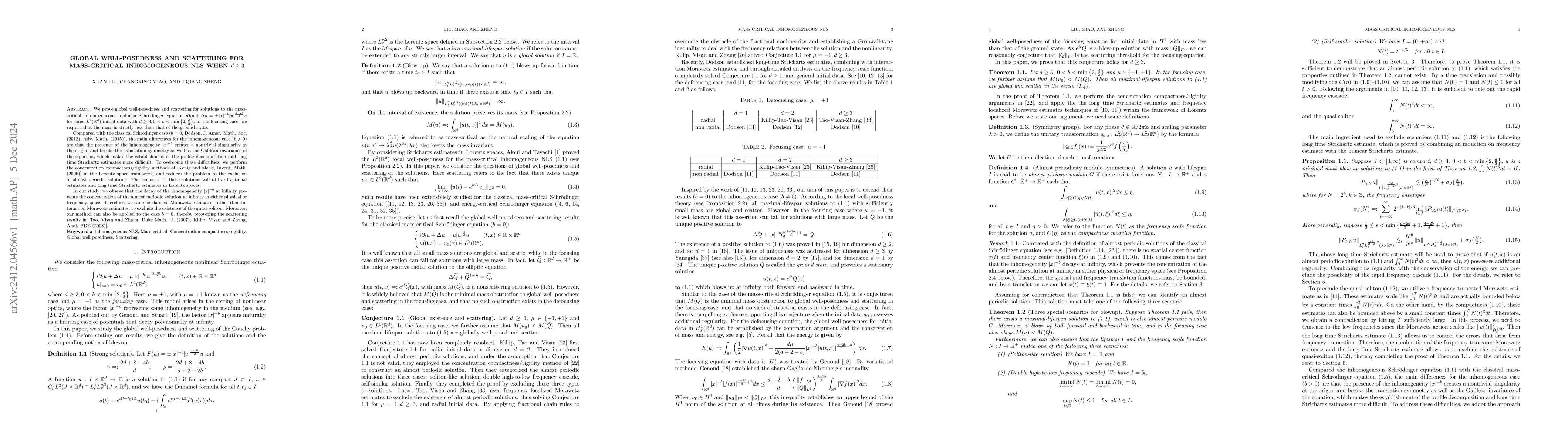 Thumbnail for Global well-posedness and scattering for mass-critical inhomogeneous NLS
  when $d\ge3$