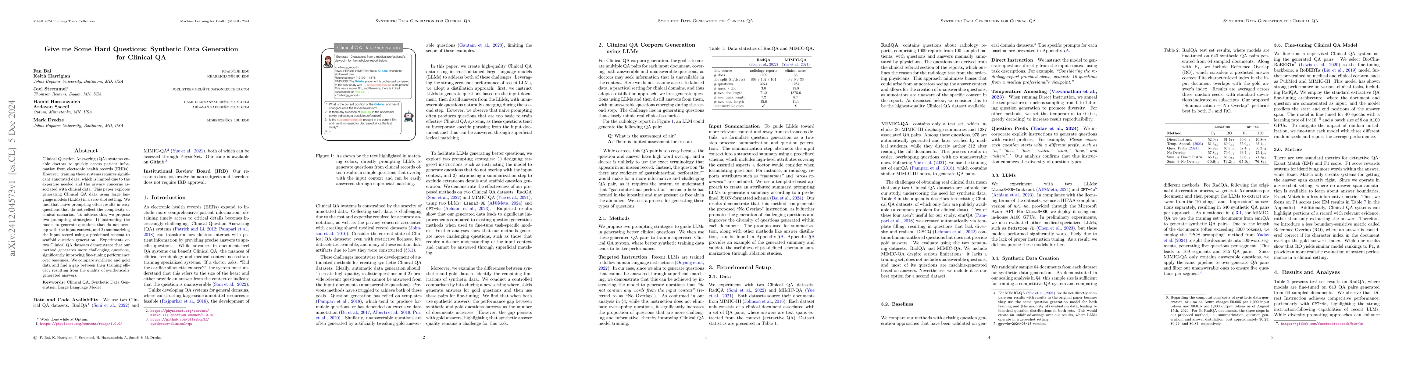 Thumbnail for Give me Some Hard Questions: Synthetic Data Generation for Clinical QA