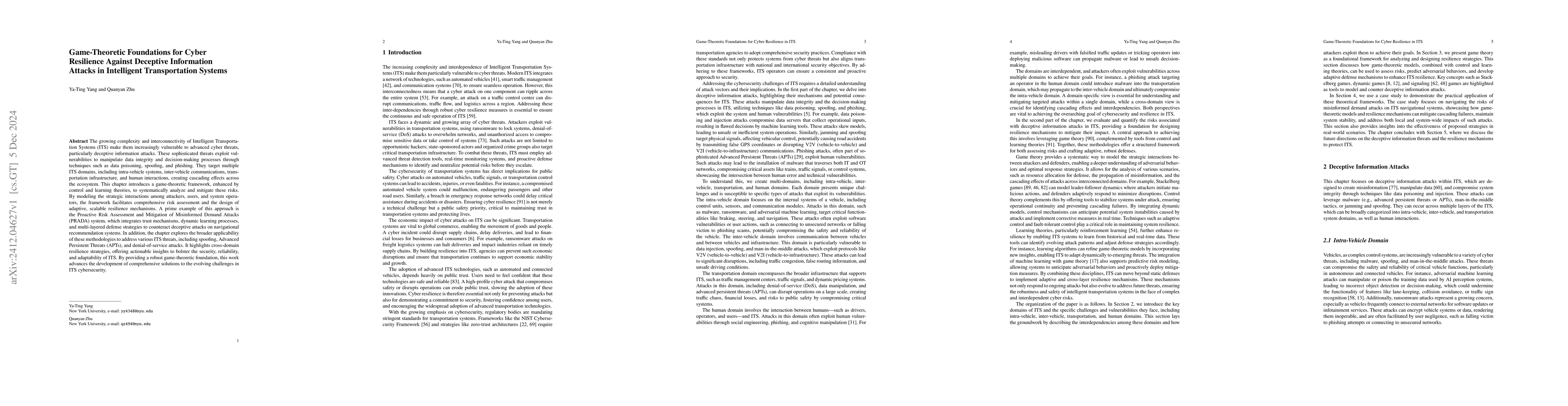 Thumbnail for Game-Theoretic Foundations for Cyber Resilience Against Deceptive
  Information Attacks in Intelligent Transportation Systems