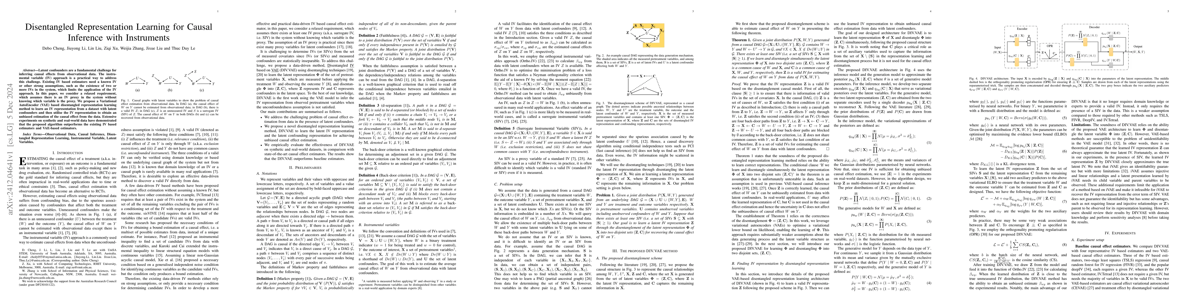 Thumbnail for Disentangled Representation Learning for Causal Inference with
  Instruments