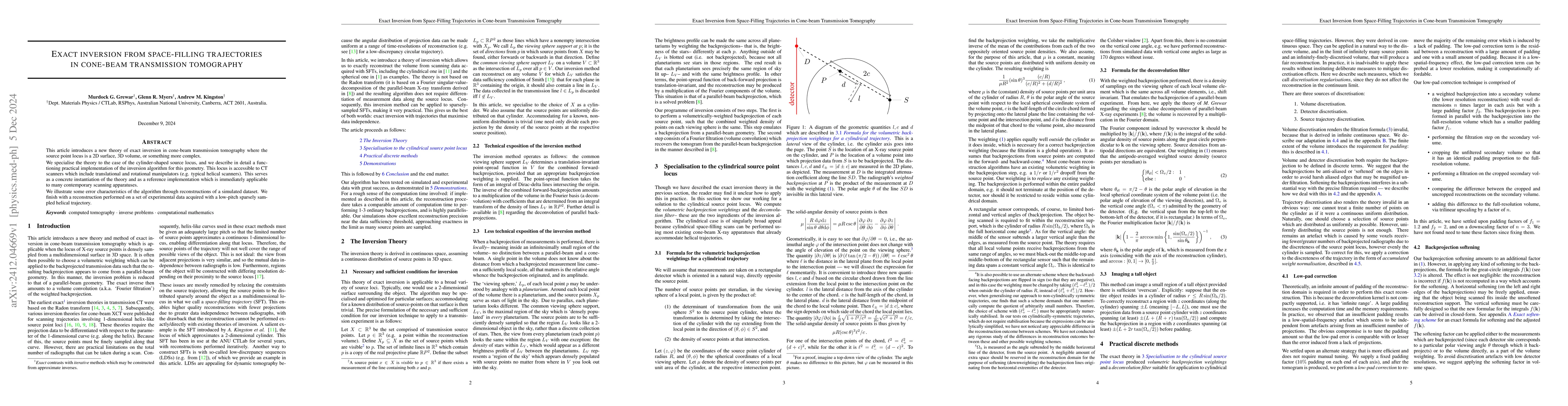 Thumbnail for Exact Inversion from Space-filling Trajectories in Cone-beam
  Transmission Tomography