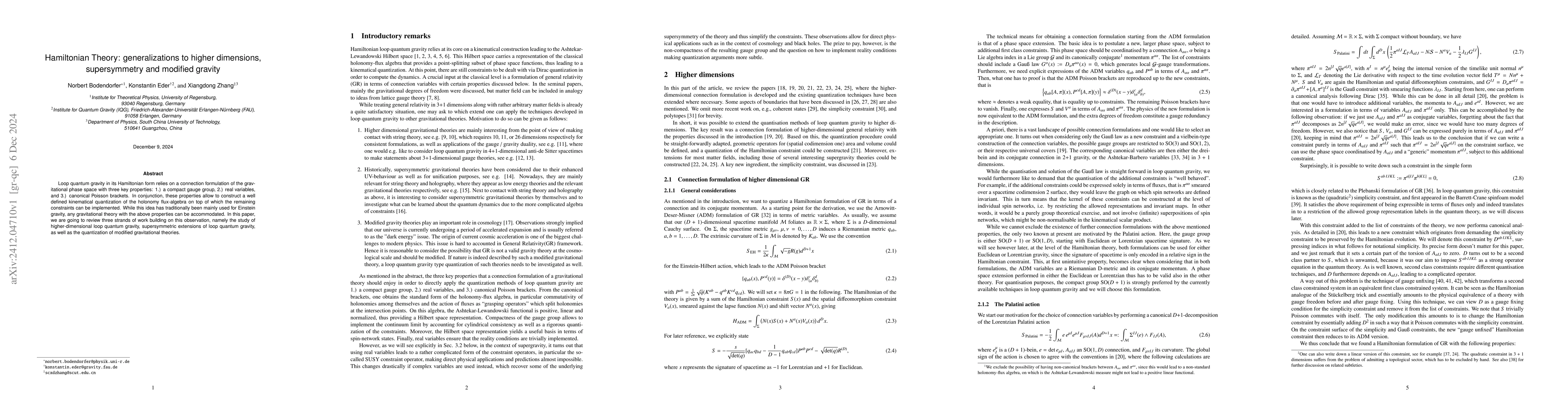 Thumbnail for Hamiltonian Theory: generalizations to higher dimensions, supersymmetry
  and modified gravity
