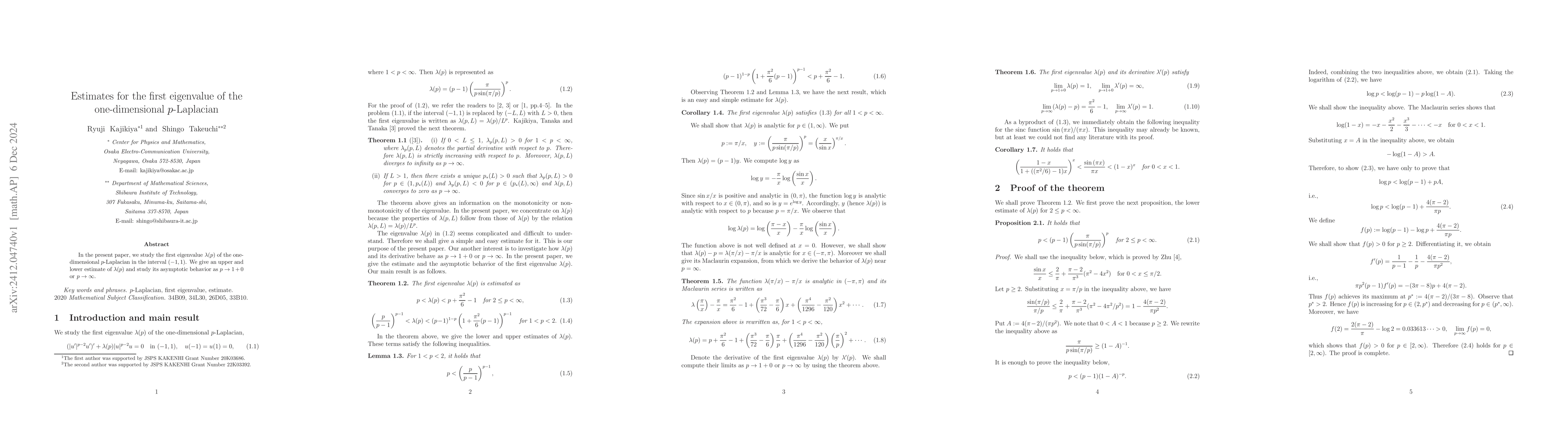 Thumbnail for Estimates for the first eigenvalue of the one-dimensional $p$-Laplacian