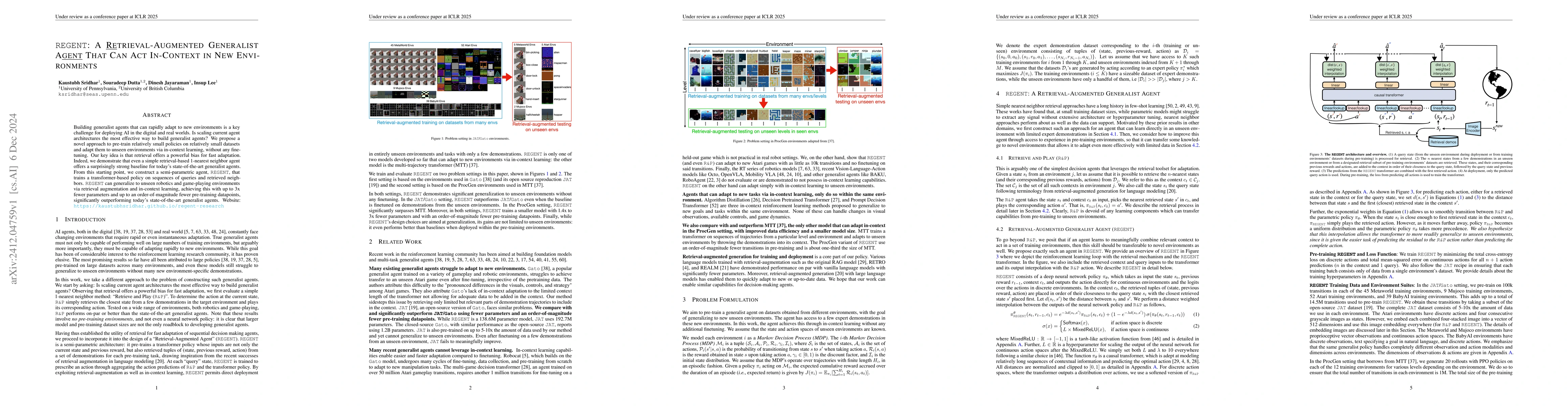 Thumbnail for REGENT: A Retrieval-Augmented Generalist Agent That Can Act In-Context
  in New Environments