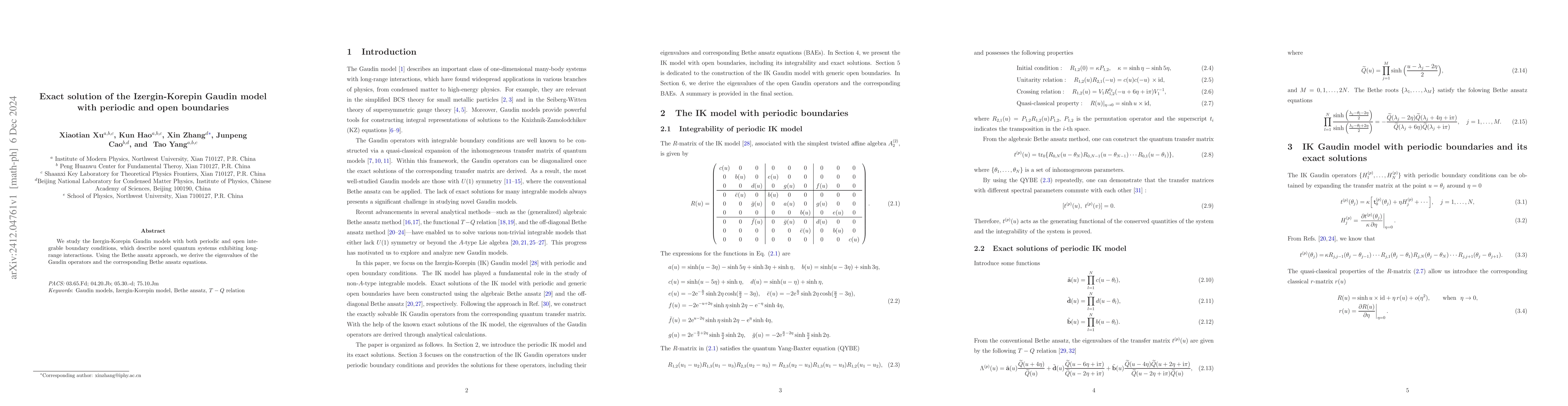 Thumbnail for Exact solution of the Izergin-Korepin Gaudin model with periodic and
  open boundaries