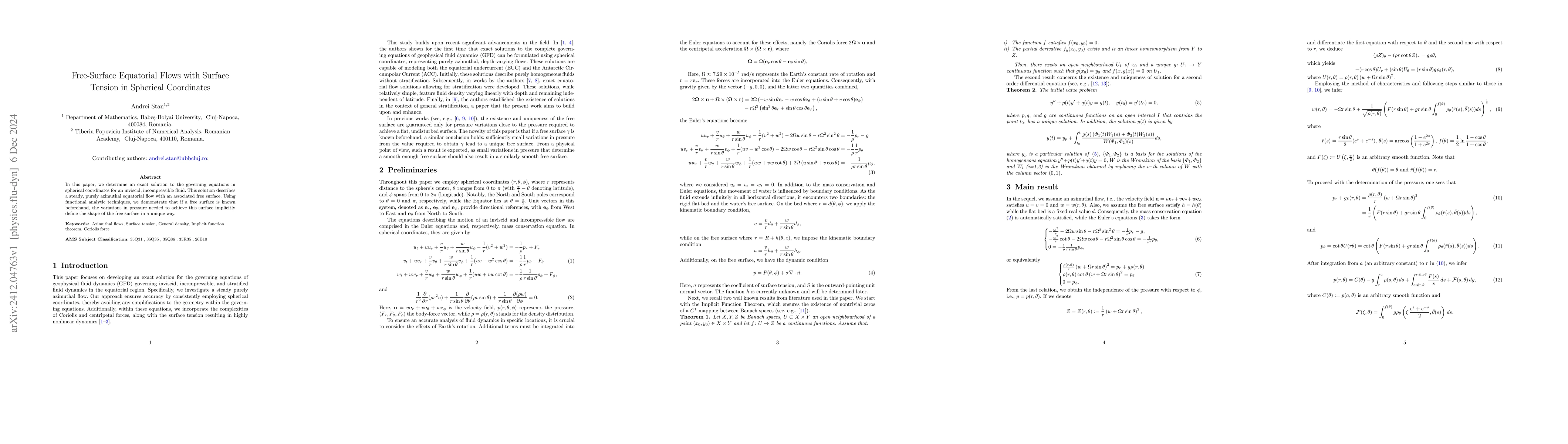 Thumbnail for Free-surface equatorial flows with surface tension in spherical
  coordinates