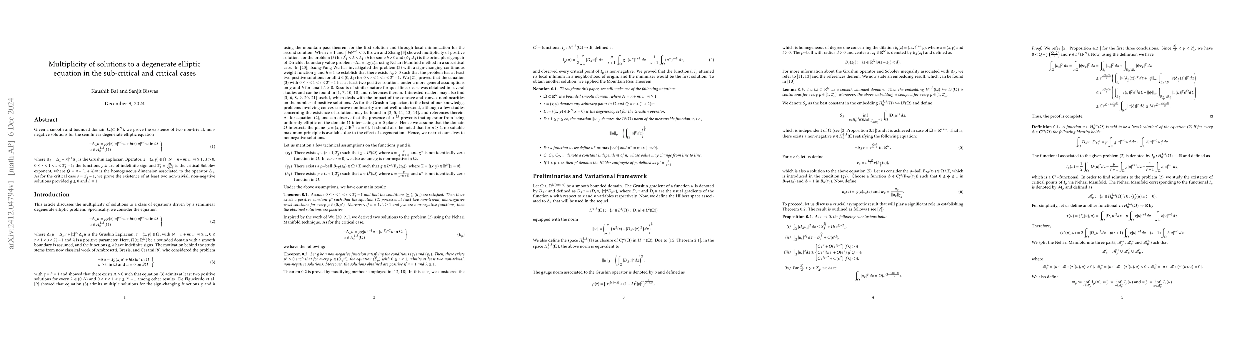 Thumbnail for Multiplicity of solutions to a degenerate elliptic equation in the
  sub-critical and critical cases