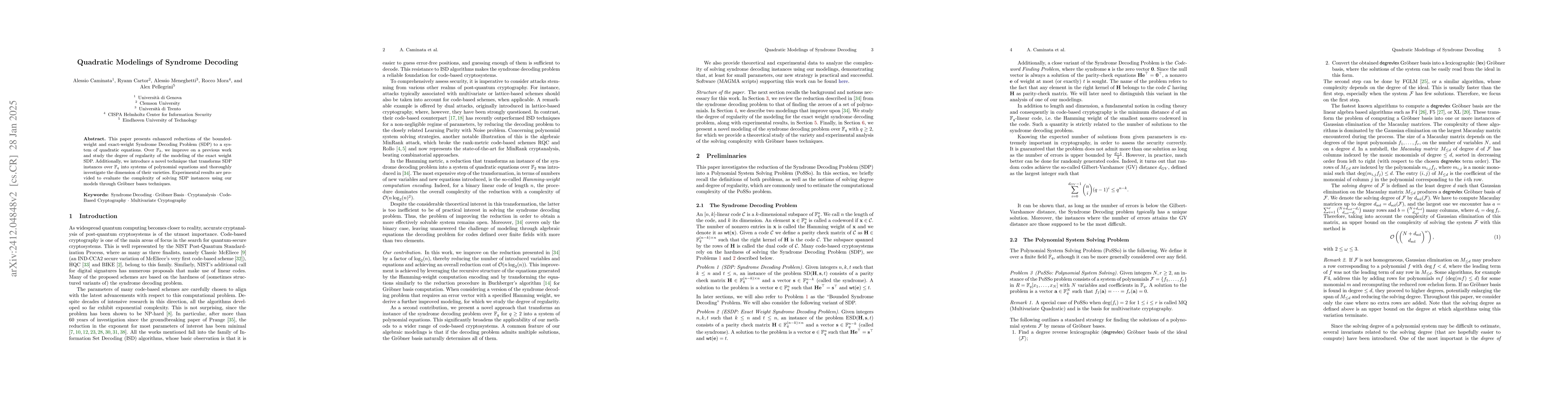 Thumbnail for Quadratic Modelings of Syndrome Decoding