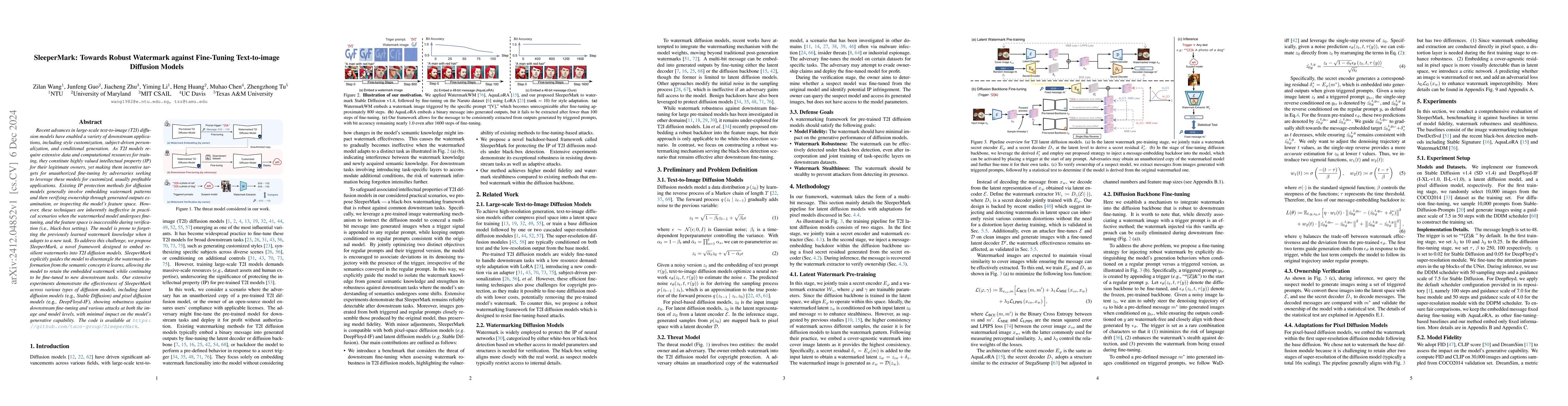 Thumbnail for SleeperMark: Towards Robust Watermark against Fine-Tuning Text-to-image
  Diffusion Models