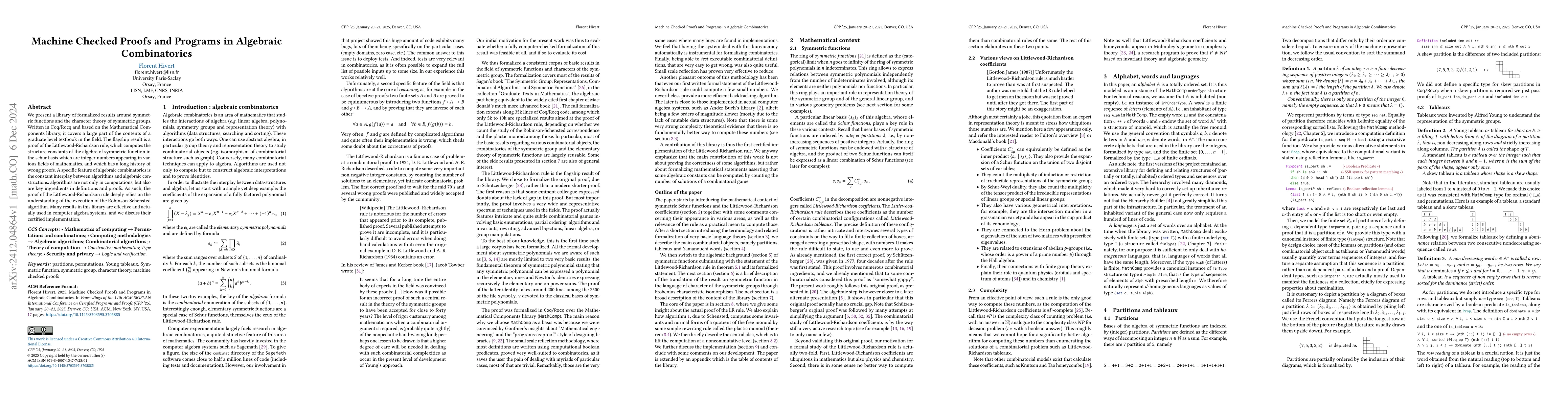 Thumbnail for Machine Checked Proofs and Programs in Algebraic Combinatorics