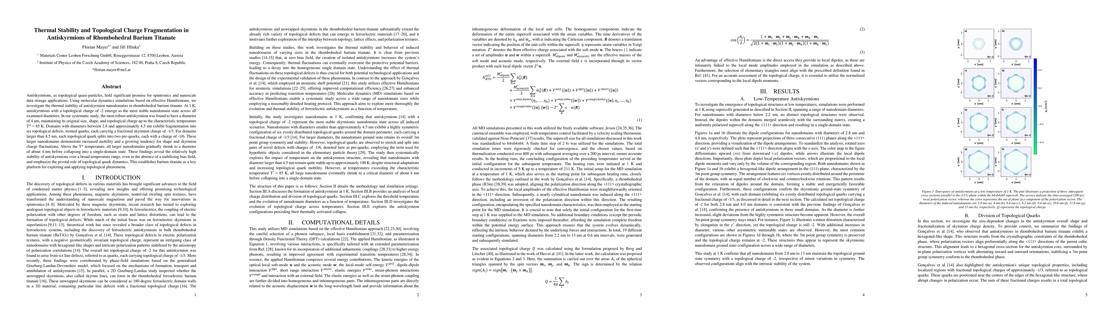 Thumbnail for Thermal Stability and Topological Charge Fragmentation in Antiskyrmions
  of Rhombohedral Barium Titanate
