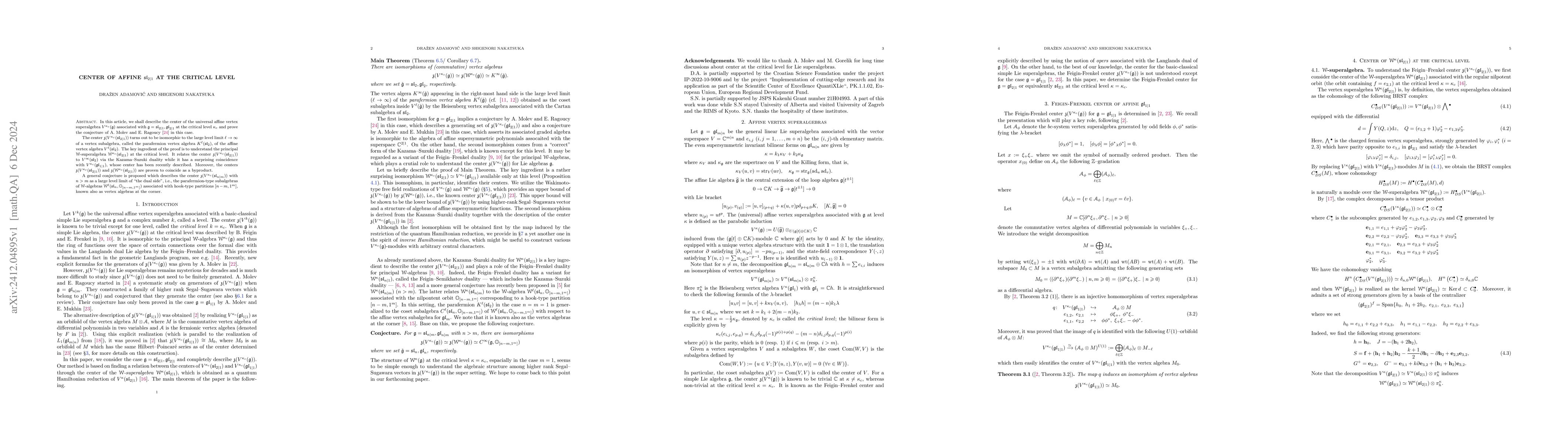 Thumbnail for Center of affine $\mathfrak{sl}_{2|1}$ at the critical level