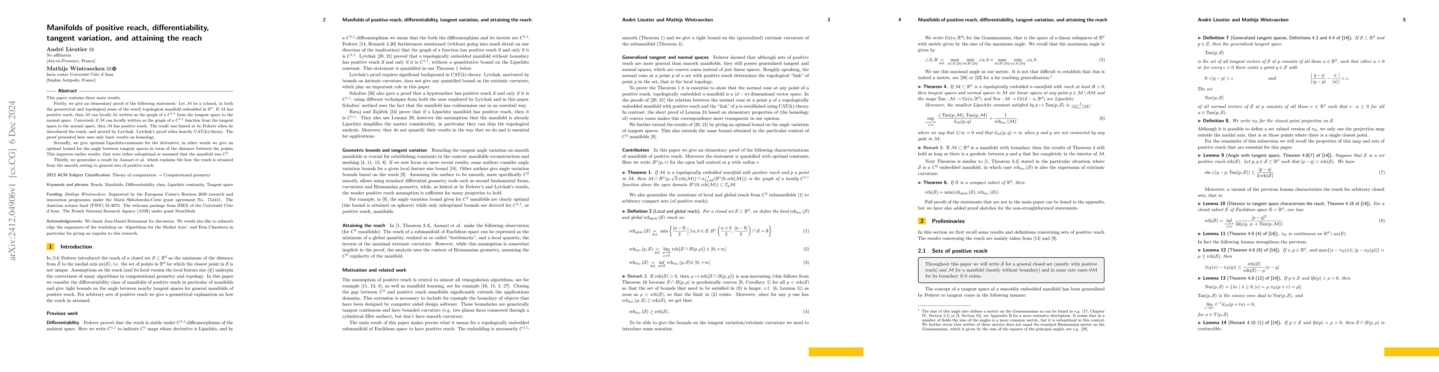 Thumbnail for Manifolds of positive reach, differentiability, tangent variation, and
  attaining the reach