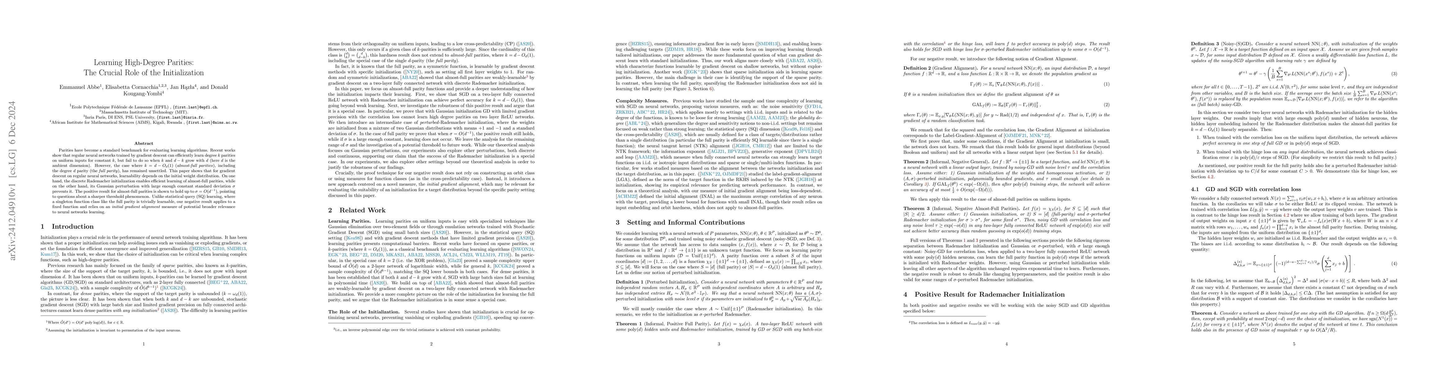 Thumbnail for Learning High-Degree Parities: The Crucial Role of the Initialization
