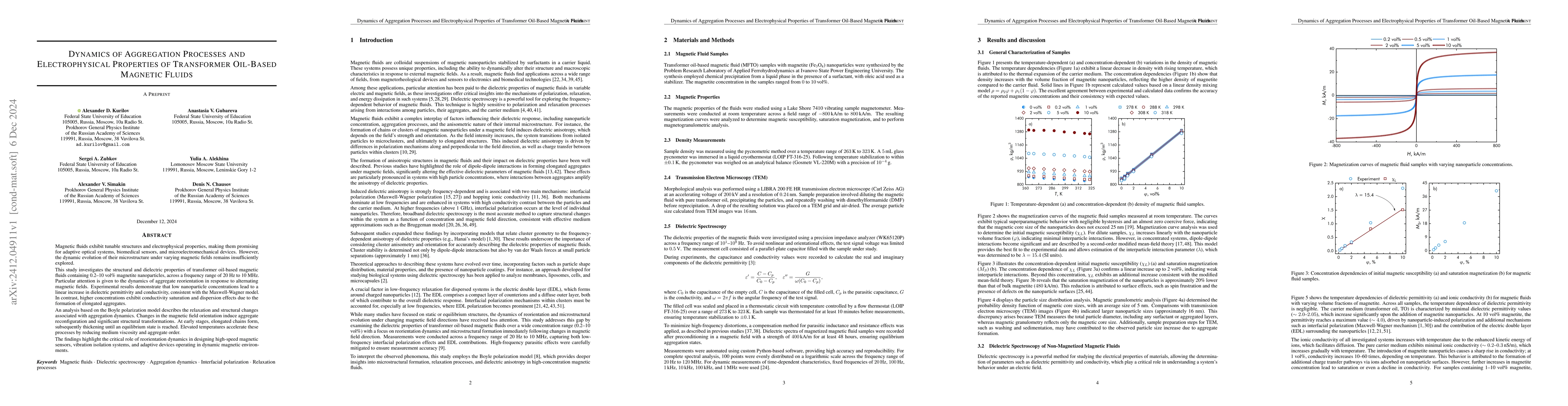 Thumbnail for Dynamics of Aggregation Processes and Electrophysical Properties of
  Transformer Oil-Based Magnetic Fluids