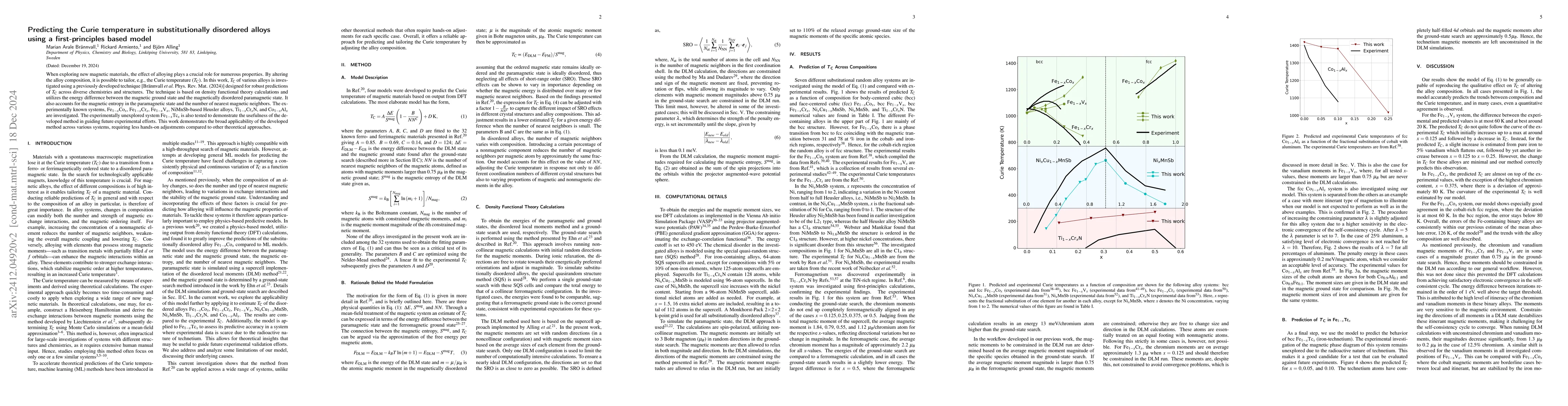Thumbnail for Predicting the Curie temperature in substitutionally disordered alloys
  using a first-principles based model