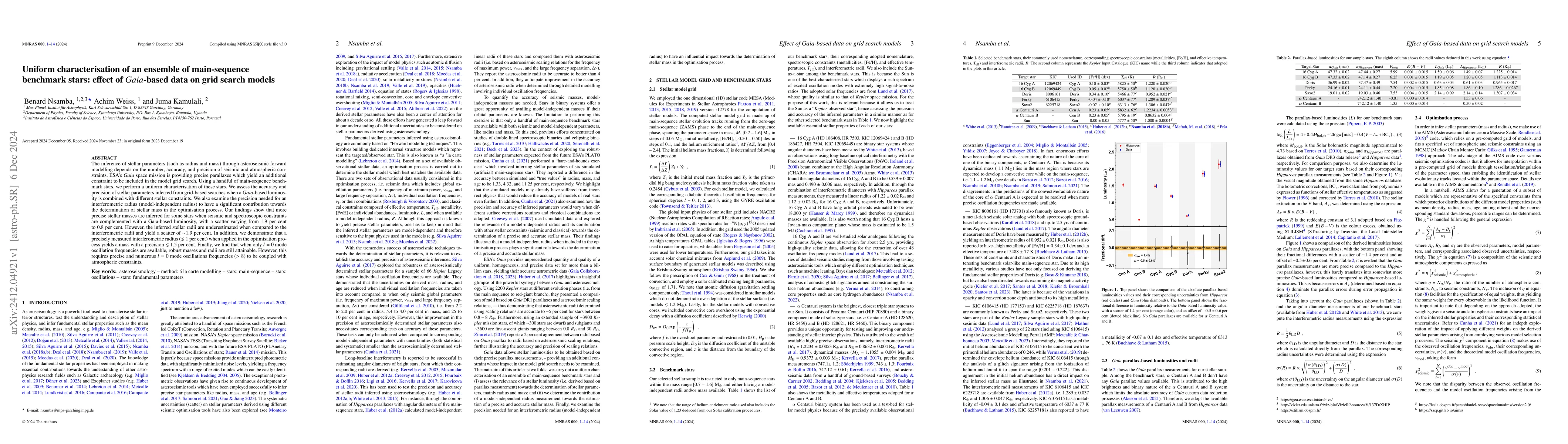 Thumbnail for Uniform characterisation of an ensemble of main-sequence benchmark
  stars: effect of Gaia-based data on grid search models