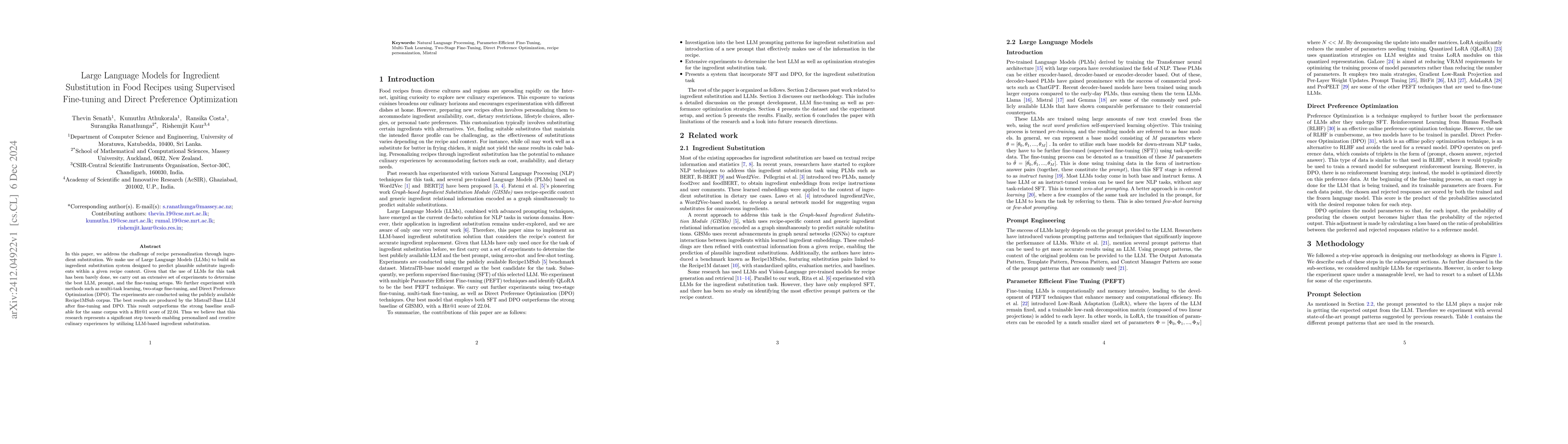 Thumbnail for Large Language Models for Ingredient Substitution in Food Recipes using
  Supervised Fine-tuning and Direct Preference Optimization