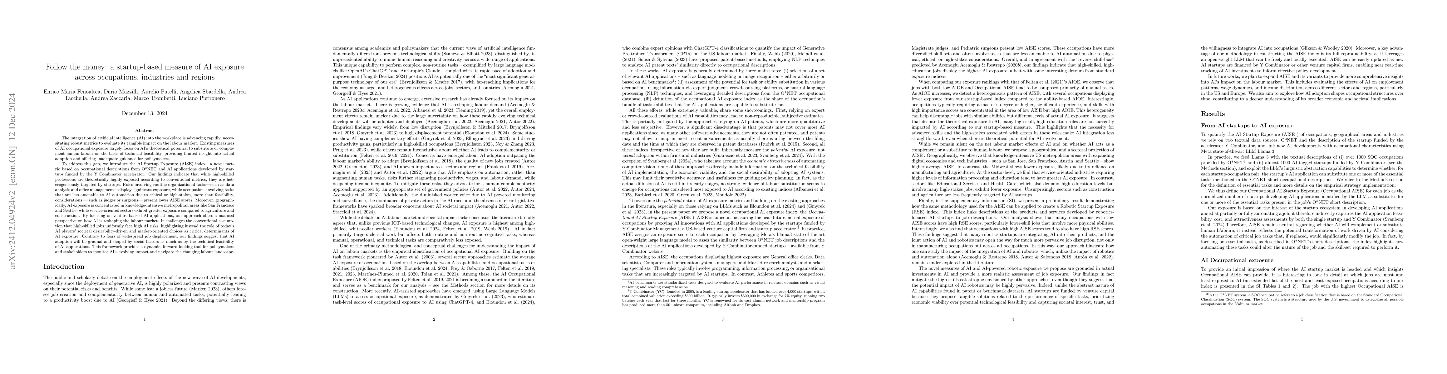 Thumbnail for Follow the money: a startup-based measure of AI exposure across
  occupations, industries and regions