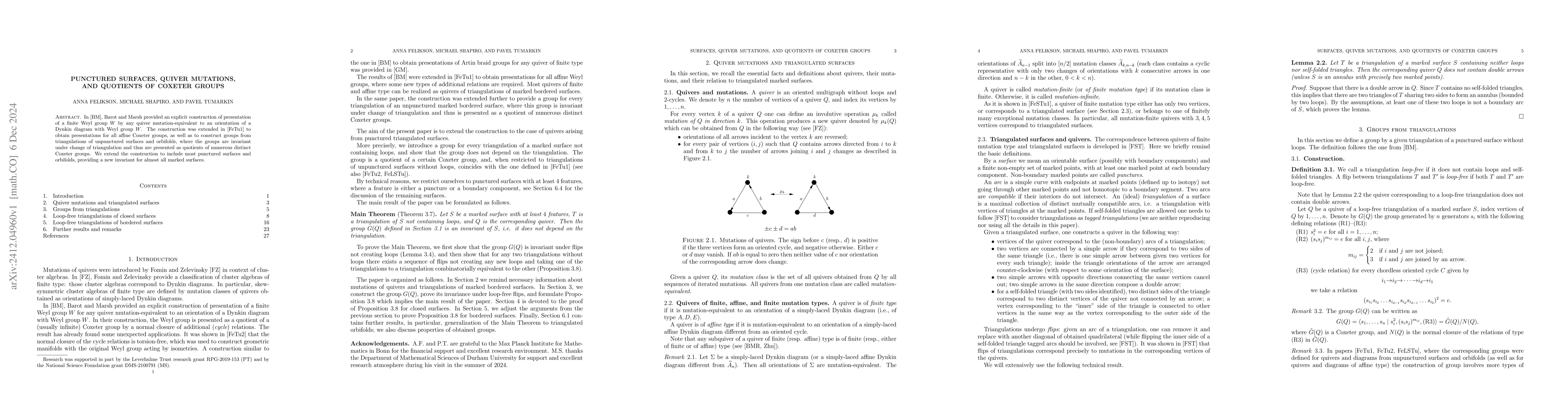 Thumbnail for Punctured surfaces, quiver mutations, and quotients of Coxeter groups