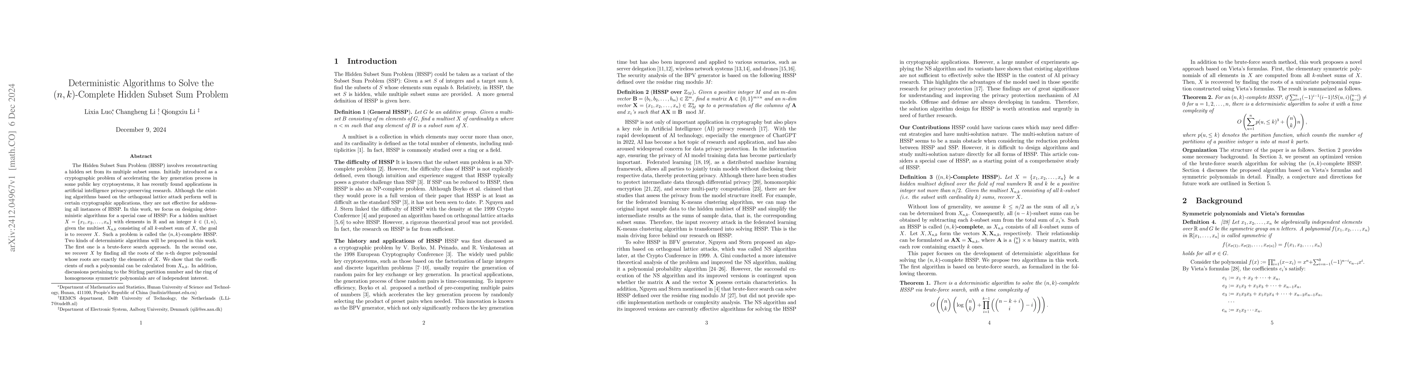 Thumbnail for Deterministic Algorithms to Solve the $(n,k)$-Complete Hidden Subset Sum
  Problem