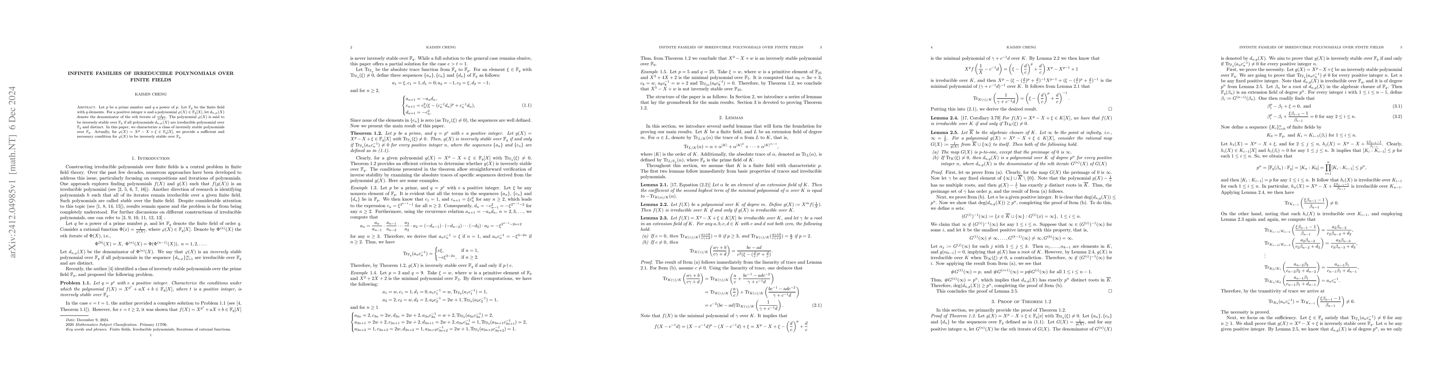 Thumbnail for Infinite families of irreducible polynomials over finite fields
