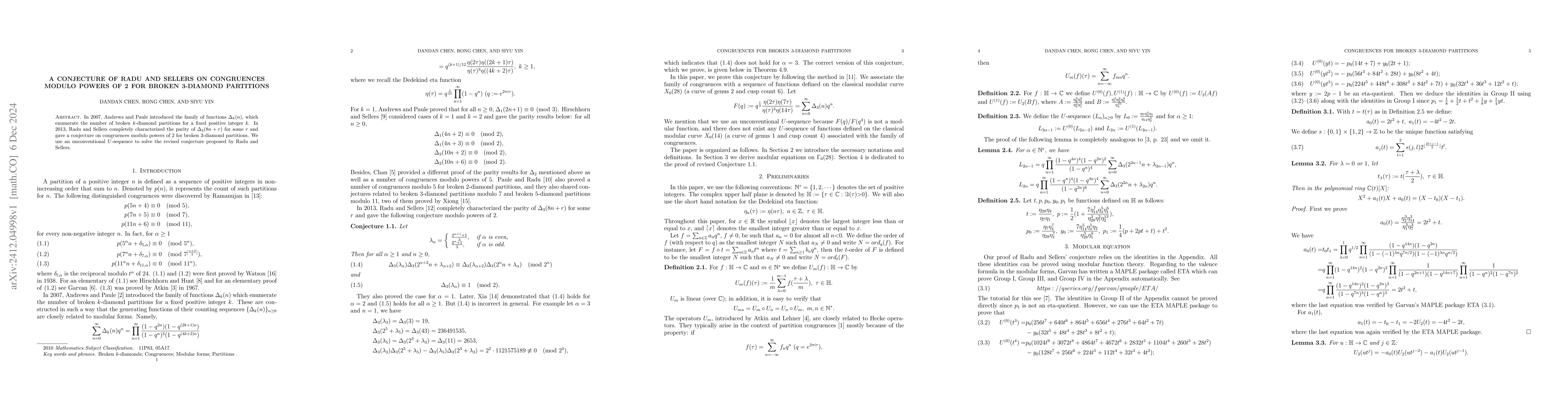 Thumbnail for A conjecture of Radu and Sellers on congruences modulo powers of 2 for
  broken 3-diamond partitions