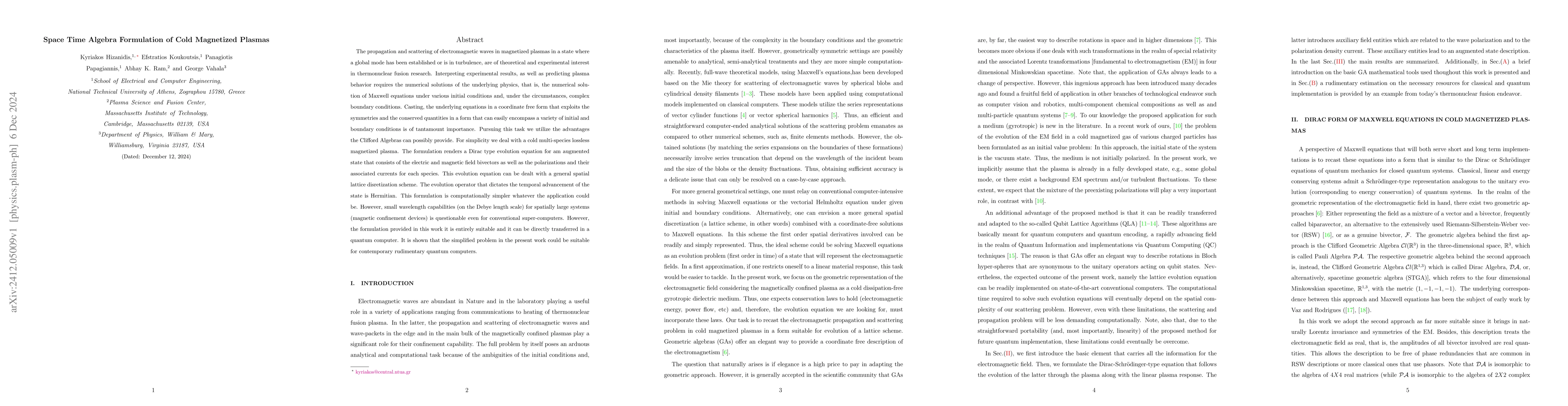 Thumbnail for Space Time Algebra Formulation of Cold Magnetized Plasmas