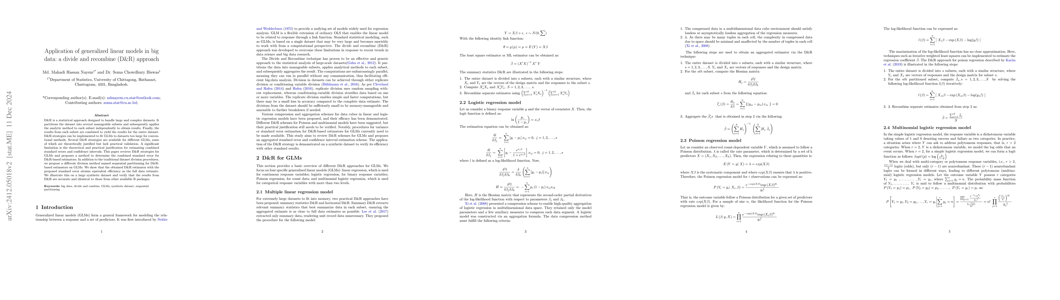 Thumbnail for Application of generalized linear models in big data: a divide and
  recombine (D&R) approach