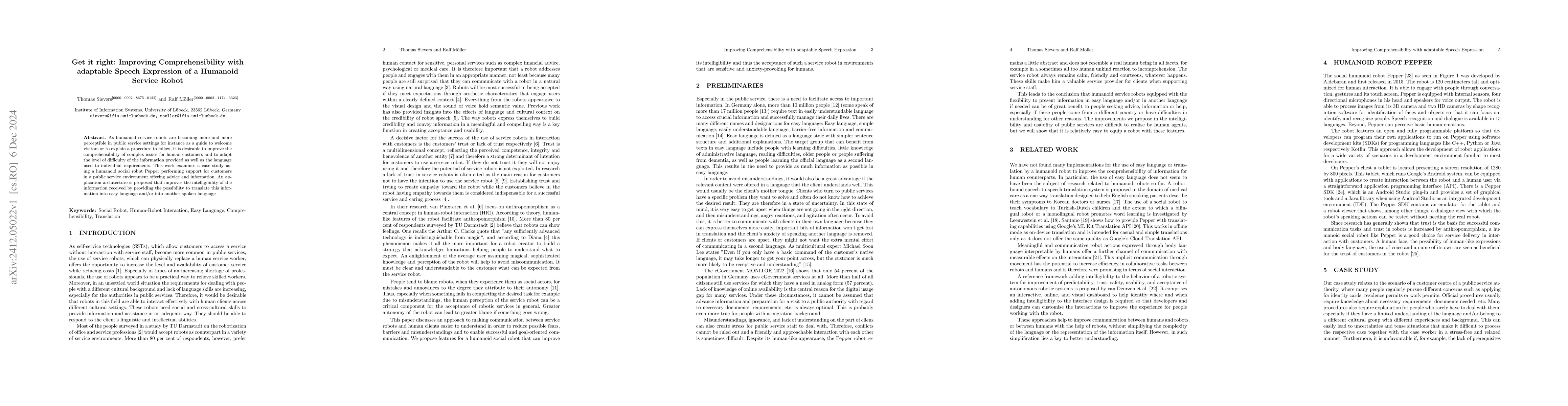 Thumbnail for Get It Right: Improving Comprehensibility with Adaptable Speech
  Expression of a Humanoid Service Robot