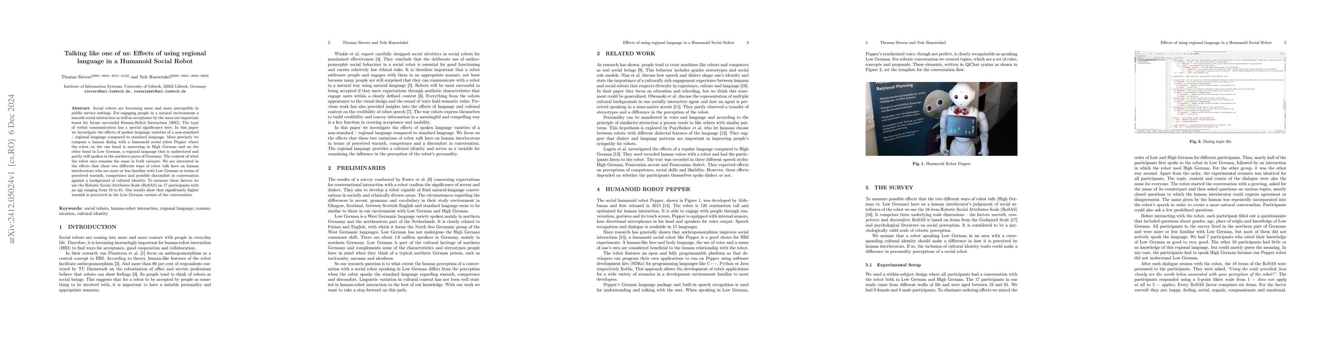 Thumbnail for Talking Like One of Us: Effects of Using Regional Language in a Humanoid
  Social Robot