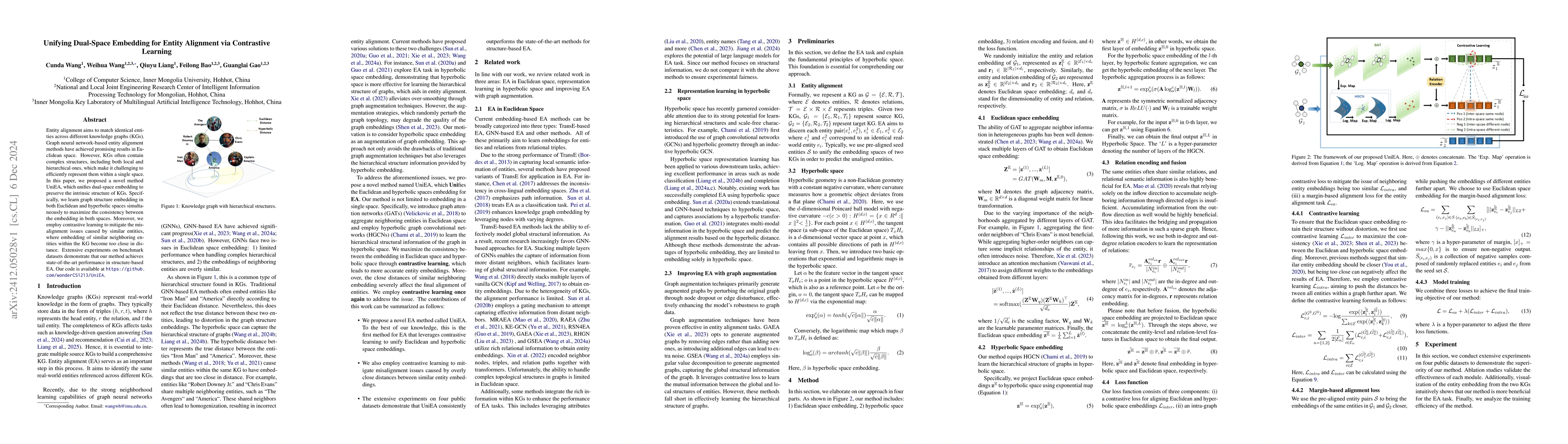 Thumbnail for Unifying Dual-Space Embedding for Entity Alignment via Contrastive
  Learning