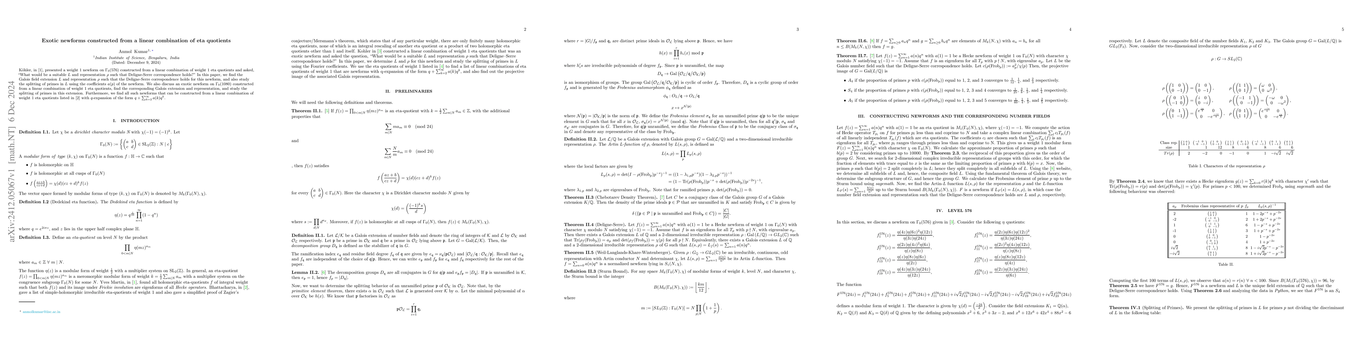 Thumbnail for Exotic newforms constructed from a linear combination of eta quotients