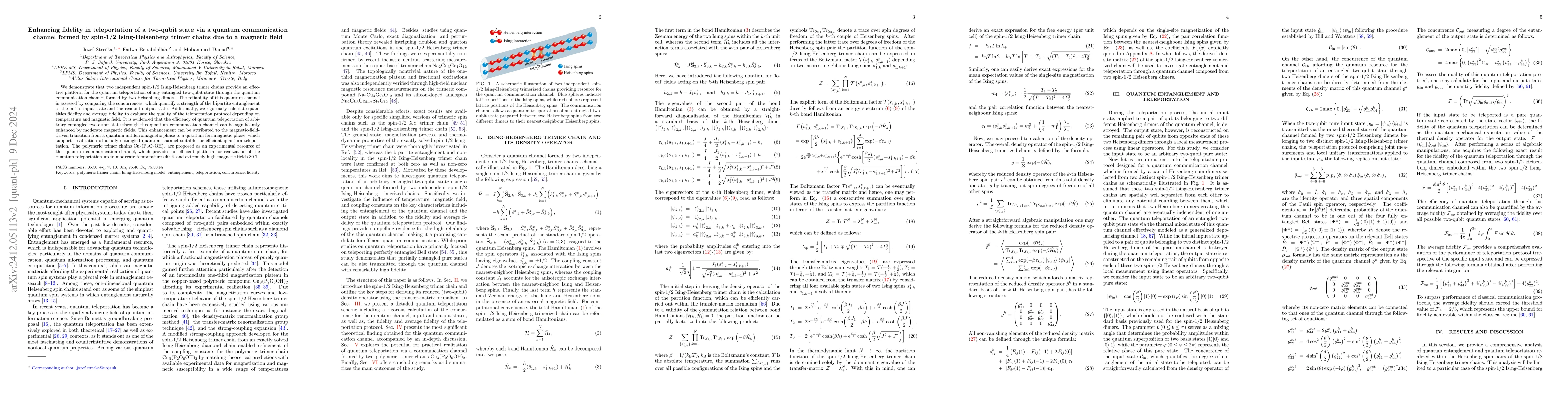 Thumbnail for Enhancing fidelity in teleportation of a two-qubit state via a quantum
  communication channel formed by spin-1/2 Ising-Heisenberg trimer chains due
  to a magnetic field
