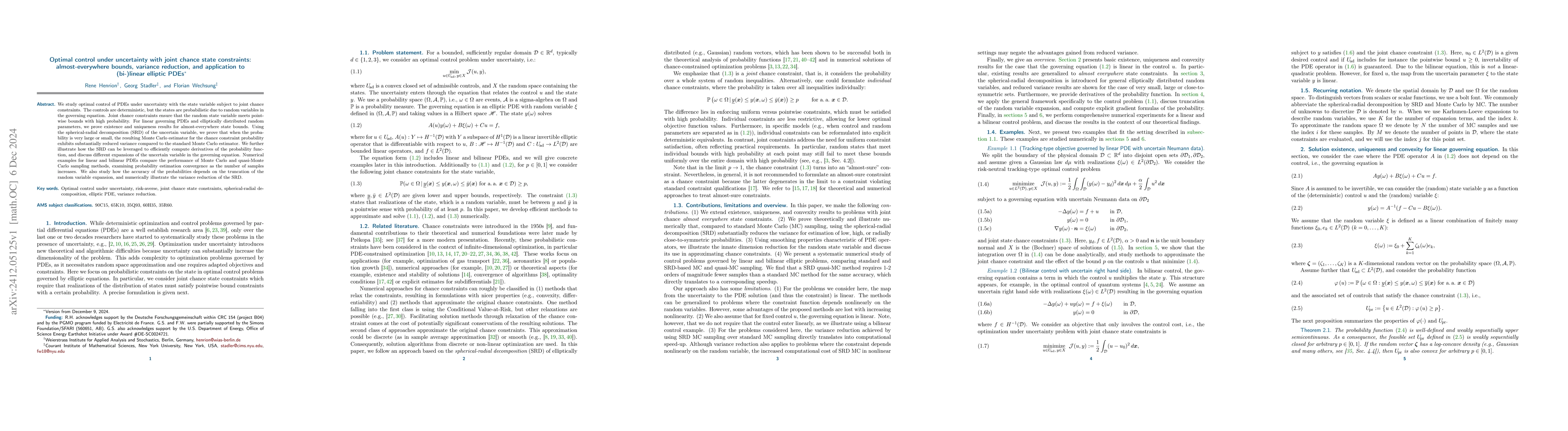 Thumbnail for Optimal control under uncertainty with joint chance state constraints:
  almost-everywhere bounds, variance reduction, and application to (bi-)linear
  elliptic PDEs