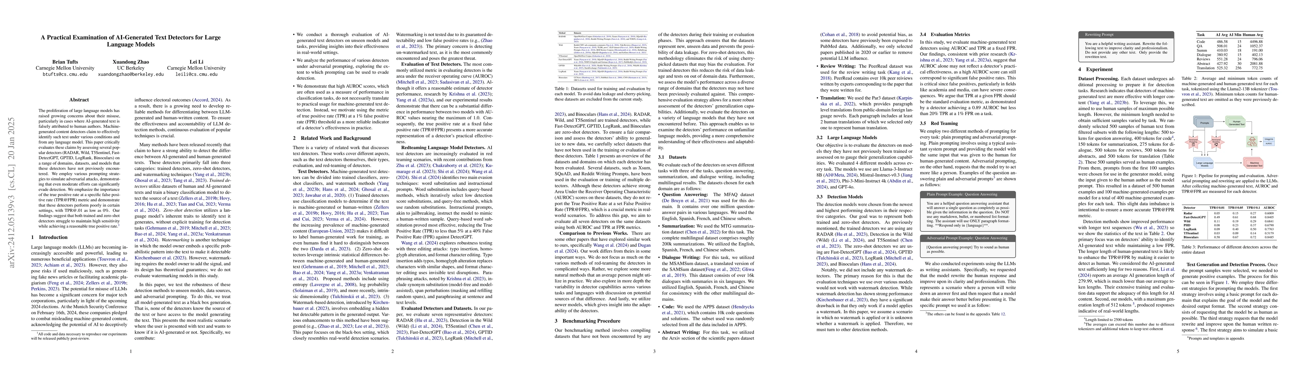 Thumbnail for A Practical Examination of AI-Generated Text Detectors for Large
  Language Models