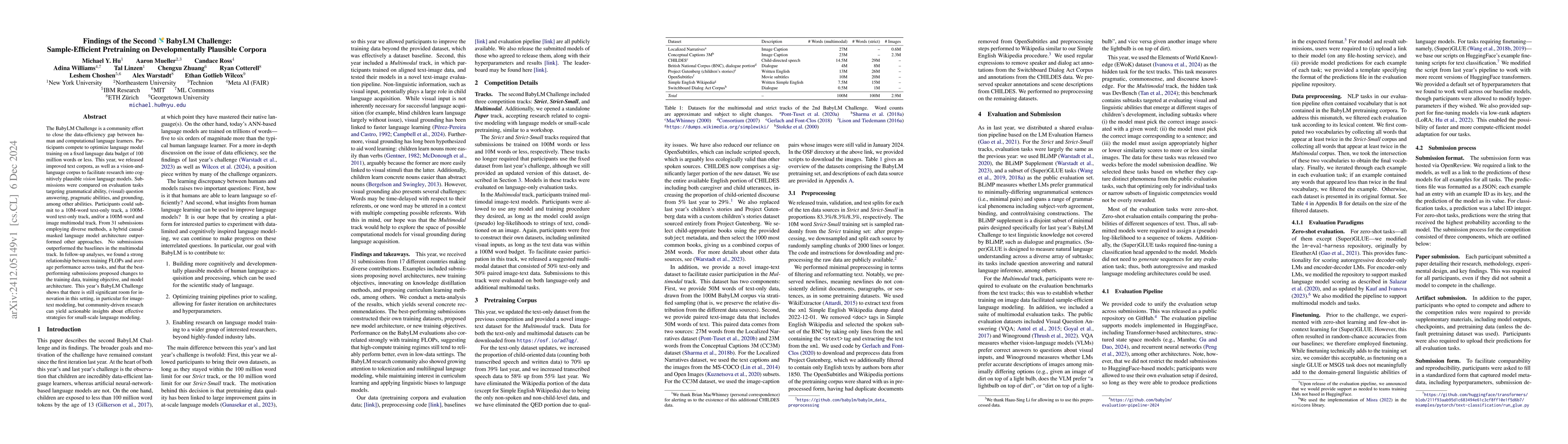 Thumbnail for Findings of the Second BabyLM Challenge: Sample-Efficient Pretraining on
  Developmentally Plausible Corpora