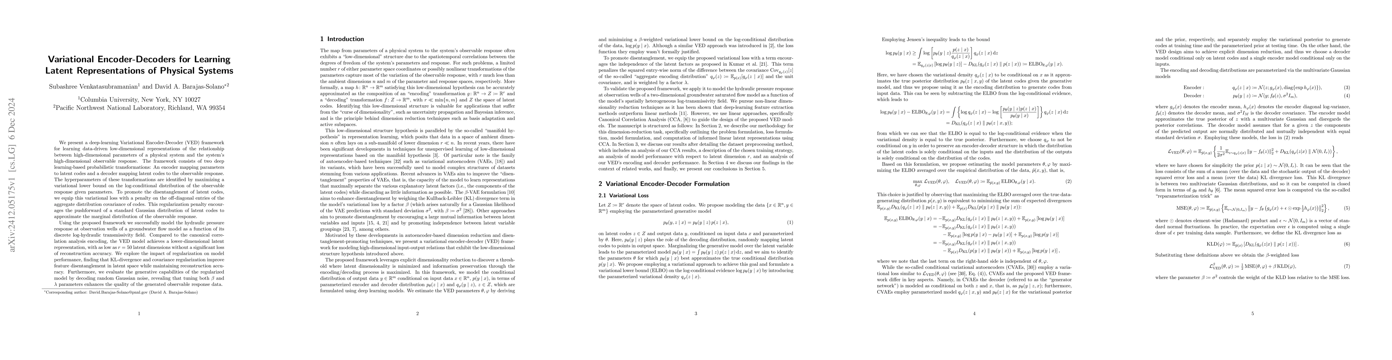 Thumbnail for Variational Encoder-Decoders for Learning Latent Representations of
  Physical Systems