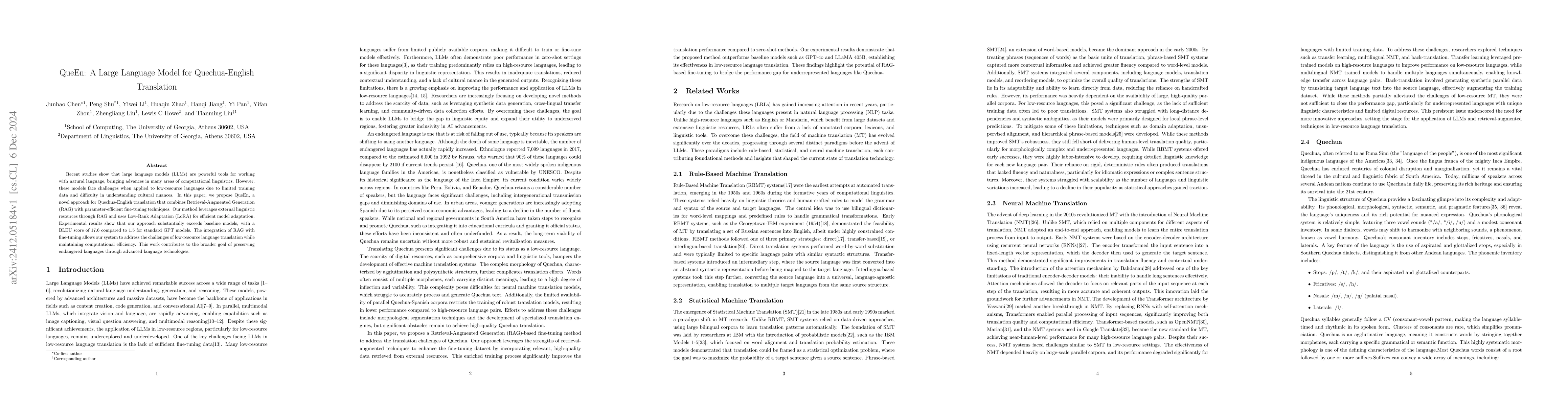 Thumbnail for QueEn: A Large Language Model for Quechua-English Translation