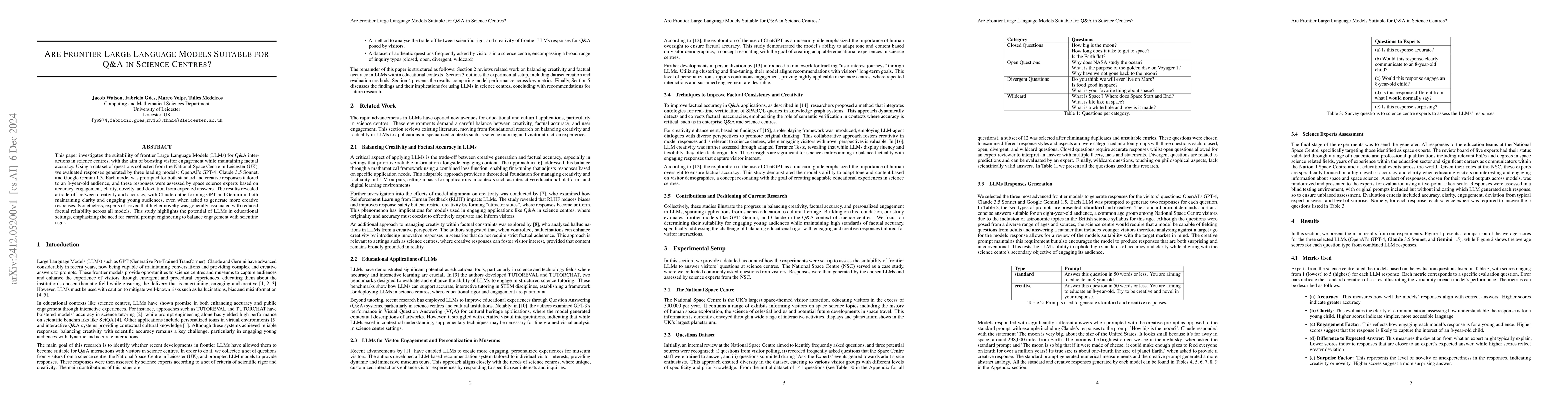 Thumbnail for Are Frontier Large Language Models Suitable for Q&A in Science Centres?