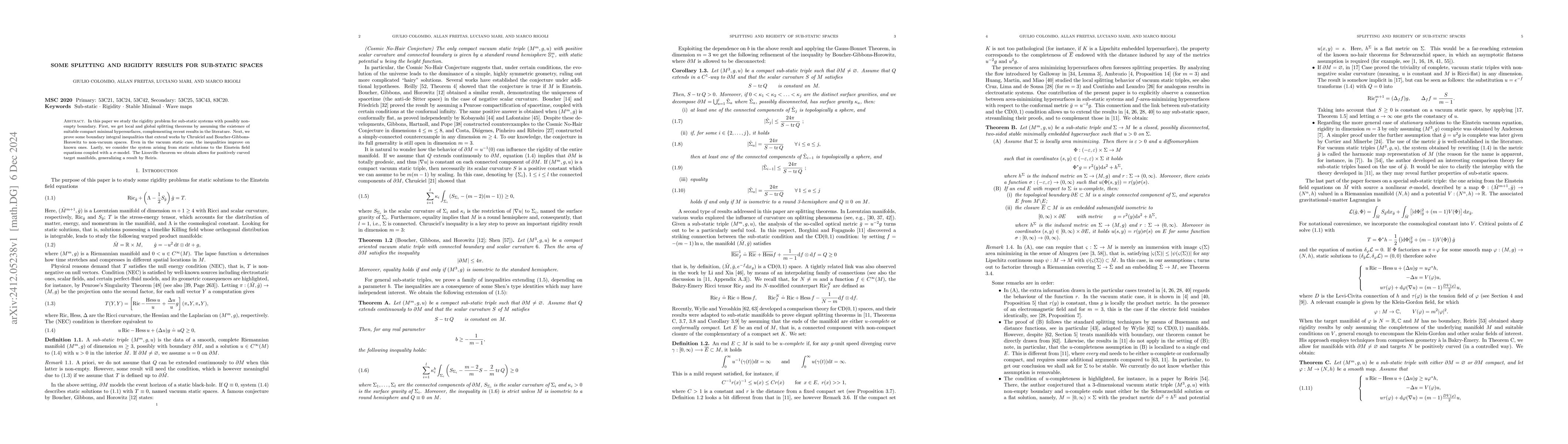 Thumbnail for Some splitting and rigidity results for sub-static spaces