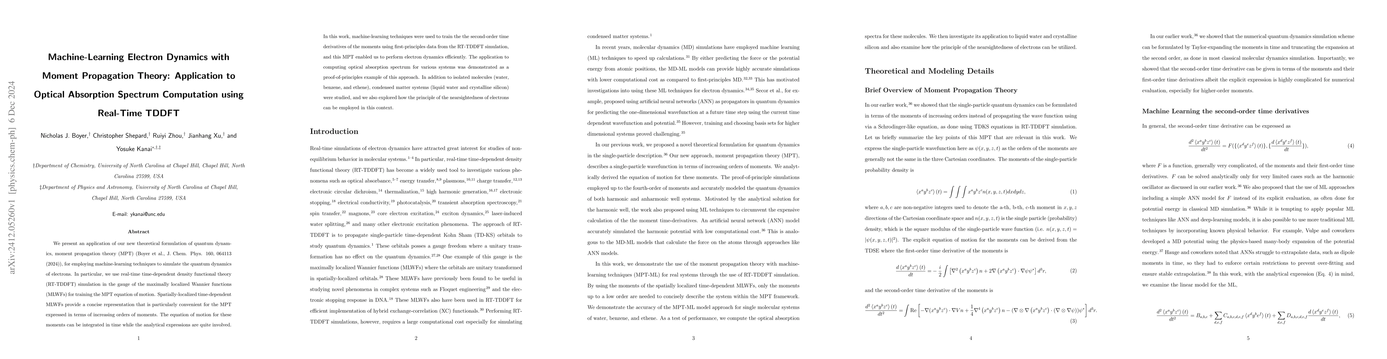 Thumbnail for Machine-Learning Electron Dynamics with Moment Propagation Theory:
  Application to Optical Absorption Spectrum Computation using Real-Time TDDFT